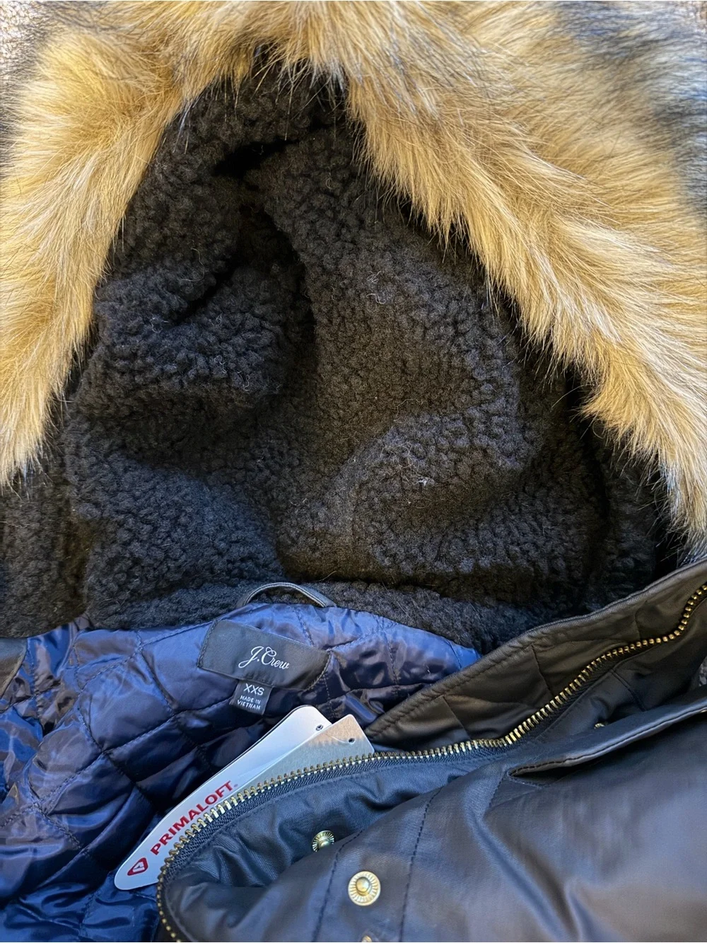 🆕 J.Crew Perfect Winter Parka Style H2222 sz XXS Black and tan faux fur